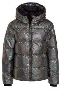 Gewatteerd jack met iriserende zilveren stof, ritssluiting aan de voorkant, gewatteerde capuchon en zwarte voering, voorkant zichtbaar met lange mouwen.