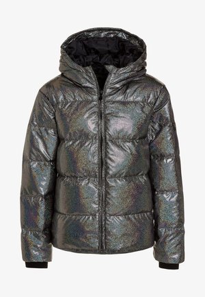 Dunjakke med iriserende sølvstof, frontlynlås, polstret hætte og sort inderfor, vist forfra med lange ærmer.