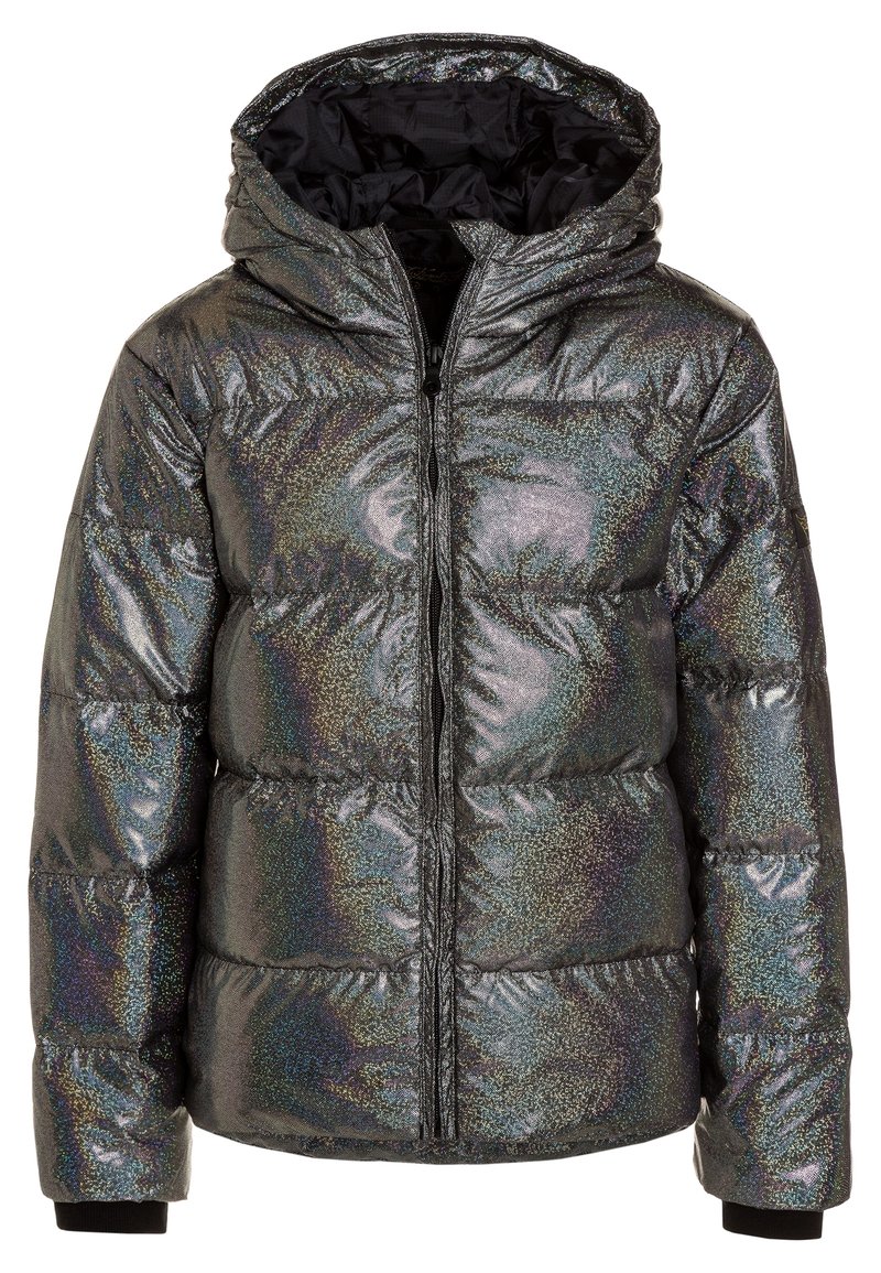 Gewatteerd jack met iriserende zilveren stof, ritssluiting aan de voorkant, gewatteerde capuchon en zwarte voering, voorkant zichtbaar met lange mouwen.