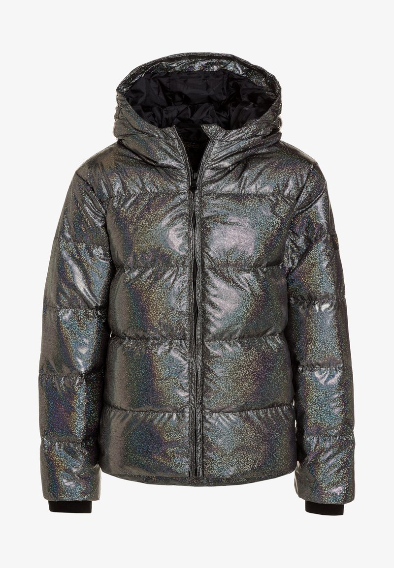 Gewatteerd jack met iriserende zilveren stof, ritssluiting aan de voorkant, gewatteerde capuchon en zwarte voering, voorkant zichtbaar met lange mouwen.