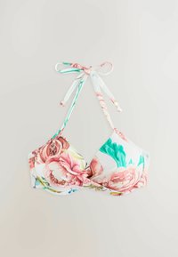 Blumen-Bikini-Oberteil mit rosa und grünen Mustern, aus weichem Stoff gefertigt. Verfügt über verstellbare Träger und ein gedrehtes Zentrum-Detail.