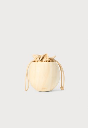 Beige marbled ceramic bag with a drawstring, featuring a light-colored fabric interior and a rounded shape. Minimalist design with subtle branding.