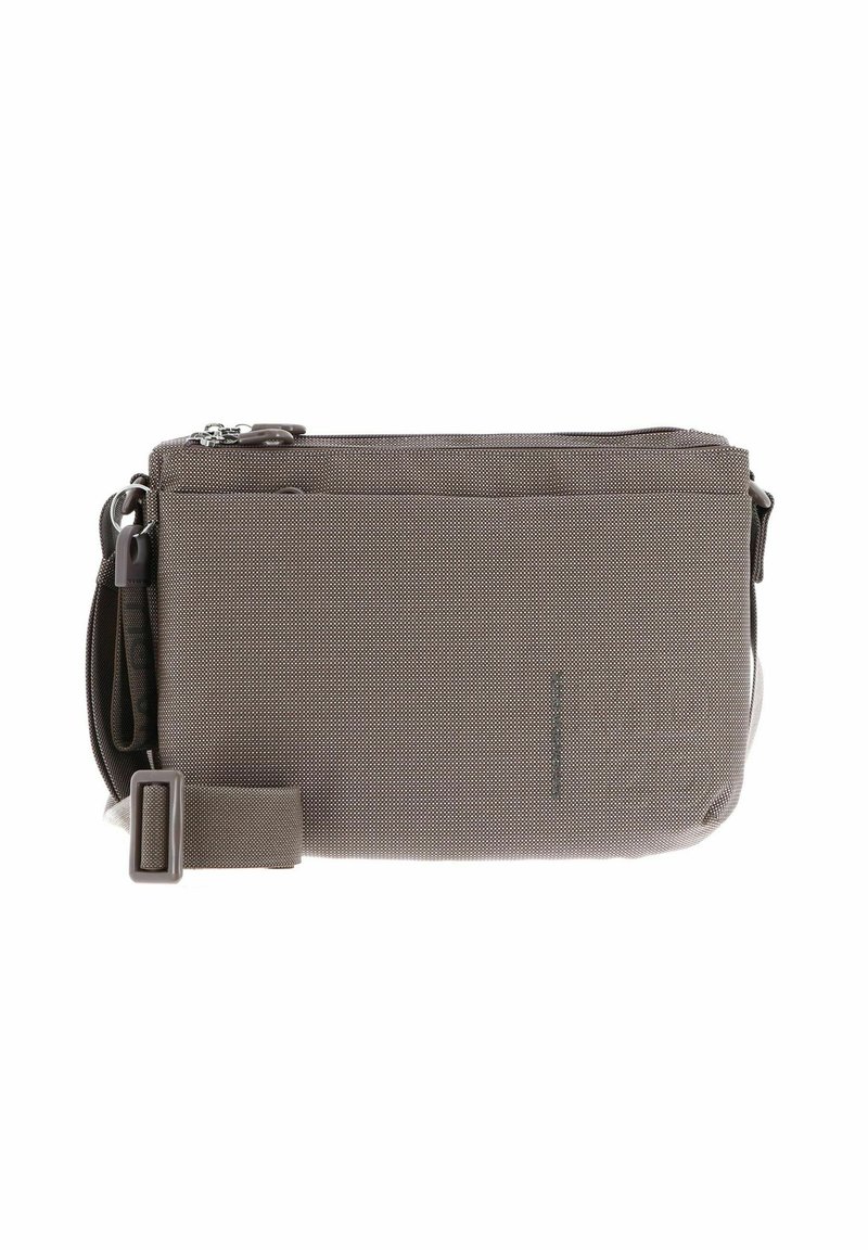 Borsa a tracolla grigia in tessuto con una superficie texturizzata, due scomparti con zip, tracolla regolabile e dettagli in metallo argentato.