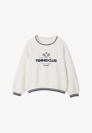 Weißes Sweatshirt mit marineblauen Akzenten, ausgestattet mit Rundhalsausschnitt, Raglanärmeln und einem "Tennis Club"-Aufdruck mit Tennisschlägern und Ball-Design.