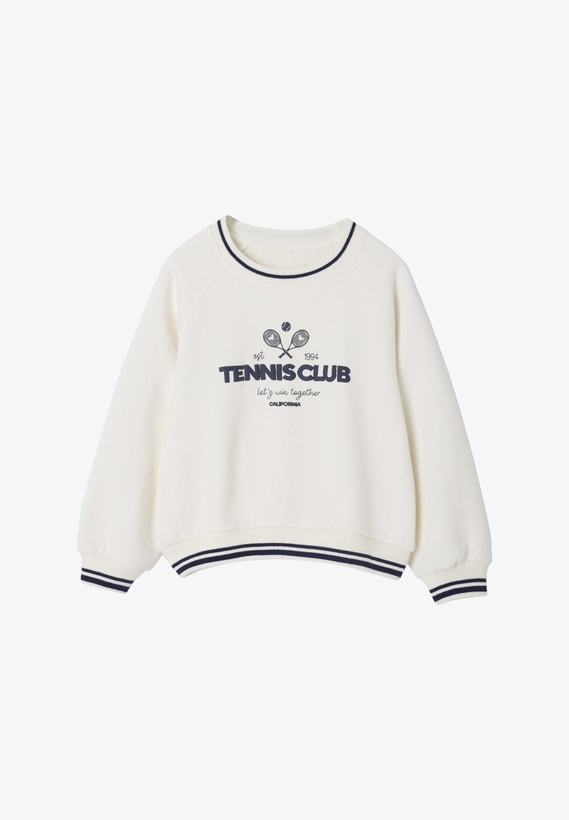 Weißes Sweatshirt mit marineblauen Akzenten, ausgestattet mit Rundhalsausschnitt, Raglanärmeln und einem "Tennis Club"-Aufdruck mit Tennisschlägern und Ball-Design.