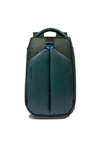 Zaino verde con esterno in tessuto strutturato, dettagli in pelle liscia, una zip centrale e una maniglia robusta nella parte superiore.