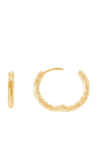 Orecchini a cerchio in oro con una texture martellata, caratterizzati da un design senza giunzioni e un sottile perno per la chiusura. I cerchi sono di dimensioni medie.