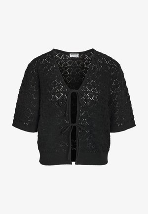 Černý otevřený pletený kardigan s krátkými rukávy, květinovým krajkovým vzorem a dvěma zavazovacími uzly vpředu.