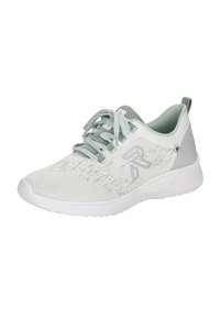 Light gray and white knit athletic shoe with laces, thick textured sole, and "R" logo on side.