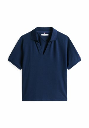 Navyblauw poloshirt met een V-hals, korte mouwen en een licht gestructureerde stof. Voorzien van een klein logo-accent op één mouw.