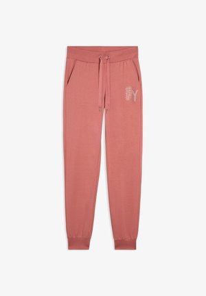 Pantalons de jogger roses en tissu doux, avec une taille élastique, un cordon de serrage et des poches latérales. Présente un détail de logo en strass subtil.
