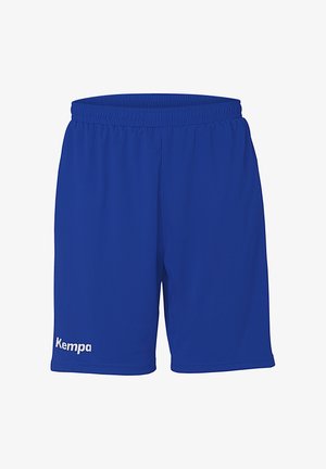Blue athletic shorts made of lightweight fabric. Features an elastic waistband and a white "Kempa" logo on the left side.