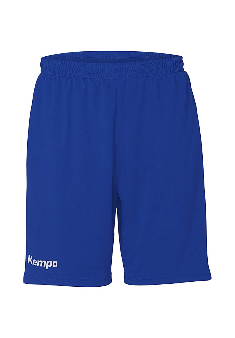 Blauwe sportieve shorts van lichtgewicht stof. Beschikt over een elastische tailleband en een wit "Kempa" logo aan de linkerkant.