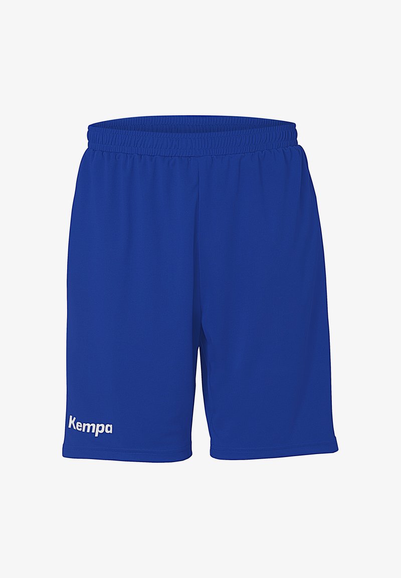 Blauwe sportieve shorts van lichtgewicht stof. Beschikt over een elastische tailleband en een wit "Kempa" logo aan de linkerkant.
