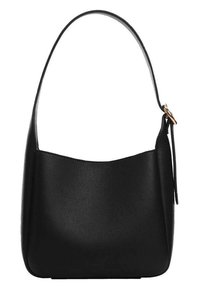 Sac à main en cuir noir avec une texture lisse, un dessus incurvé et une seule sangle. Présente un accent en métal doré sur la sangle.