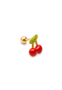 Cherry-shaped stud earring with shiny red enamel, green leaf detail, and gold-tone hardware. Smooth texture with a rounded design.