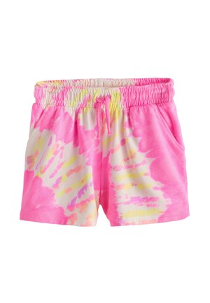 Värviliste triibuliste mustritega lühikesed püksid roosa, kollase ja valge tooniga, millel on elastne vöökoht roosa nööriga ning küljetaskud.