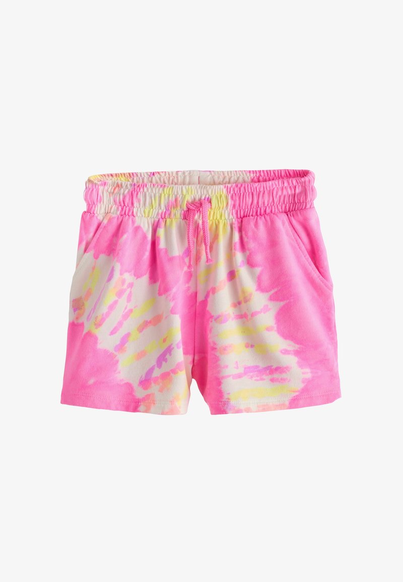 Shorts tie-dye aux motifs rose, jaune et blanc, avec une taille élastique dotée d'un cordon de serrage rose et des poches latérales.
