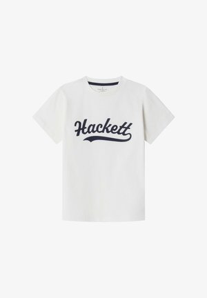 Witte katoenen T-shirt met korte mouwen, met een marineblauw "Hackett" logo in cursief op de borst. Ronde halslijn, eenvoudig ontwerp.