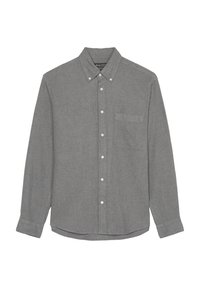 Gray button-up shirt made of lightweight fabric, featuring long sleeves, pointed collar, single chest pocket, and white buttons.