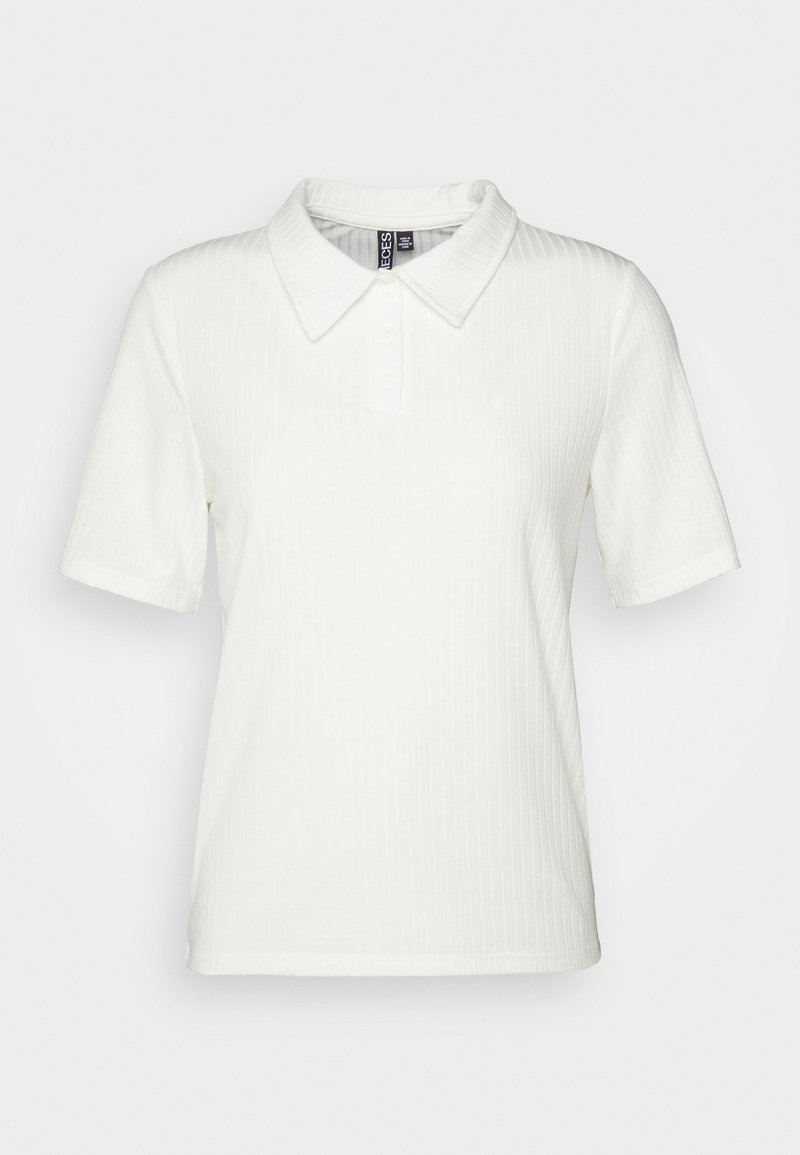 Weißes geripptes Poloshirt mit umgeschlagenem Kragen, kurzen Ärmeln und dreiknöpfiger Verschlussleiste. Weicher Stoff und strukturierte Passform.