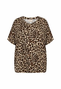 Halenka s leopardím potiskem, krátký rukáv, V-výstřih, volný střih, béžové pozadí se hnědými a černými skvrnami, vyrobená z měkkého materiálu.