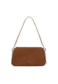 Borsa a tracolla in suede marrone dal design piatto, con tracolla regolabile e dettagli in metallo dorato. Presenta un logo del marchio discreto sul davanti.