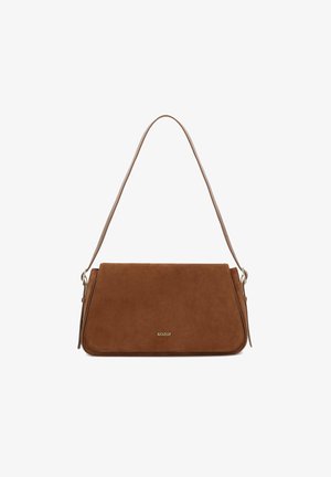 Brown suede handbag with a flat design, an adjustable strap, and gold-tone hardware. Features a subtle brand logo on the front.
