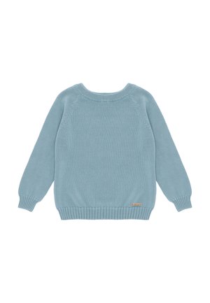 Jersey de punto azul claro de manga larga con puños, dobladillo y cuello acanalados, con una pequeña etiqueta beige en la parte inferior delantera.