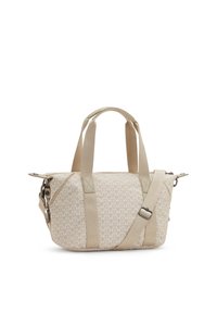 Beige mønstret mulepose med to øverste håndtag og en aftagelig skulderrem. Har lynlås lukning og holdbart tekstilmateriale.