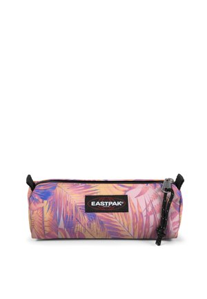 Trousse rectangulaire avec un motif de feuilles tropicales roses, violettes et orange, et un patch logo Eastpak noir au centre.
