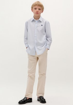Camicia a maniche lunghe a righe di colore blu chiaro, con design button-up e un piccolo logo blu navy, abbinata a pantaloni color crema e mocassini neri.