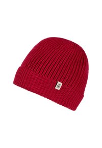 Red knit beanie with vertical ribbing, fold-up cuff, and a small branded tag. Soft texture, snug fit, designed for warmth.