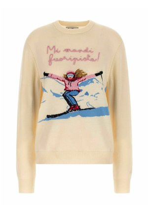 Maglione crema con grafica di uno sciatore in rosa, blu e nero, con testo ricamato in rosa sopra. Polsi e orlo a coste.