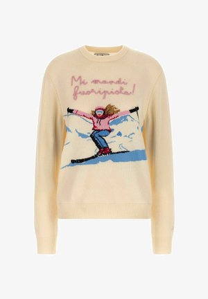 Maglione crema con grafica di uno sciatore in rosa, blu e nero, con testo ricamato in rosa sopra. Polsi e orlo a coste.