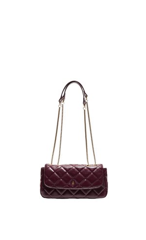 Dark purple quilted leather handbag with gold chain strap and flap closure, isolated on white background.