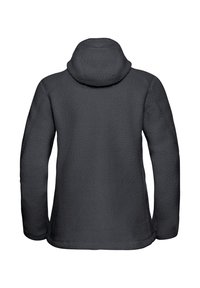 Dunkelgraue Fleecejacke mit strukturierter Oberfläche, Kapuze, langen Ärmeln und geradem Schnitt. Verfügt über verstärkte Nähte an den Säumen.