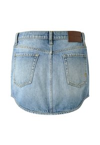 Traper suknja svijetloplave boje s lagano zakrivljenim rubom, s kožnom etiketom na leđima i dva standardna džepa.