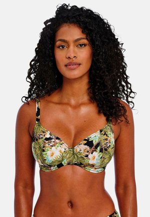 Bikini met bloemenprint op een zwarte achtergrond, voorzien van beugelsteun, verstelbare bandjes en zachte, textuurmateriaal.