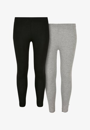 Divas pāri legingu: viens melns, otrs pelēks. Abiem ir gluda tekstūra un pieguļoša forma, tie stiepjas līdz potītei bez rakstiem.