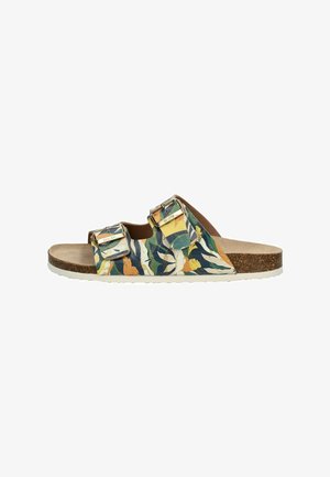 Chanclas de dos hebillas con un patrón floral en verde, amarillo y azul. Plantilla de corcho y suela de goma. Diseño plano y punta abierta.