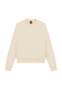 Crème kleurige sweatshirt gemaakt van zacht materiaal. Heeft een ronde hals, ribgebreide boorden en onderkant, met een klein logo rechtsonder.