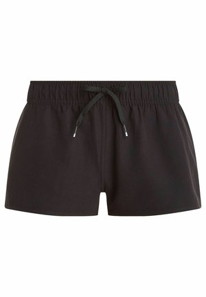 Bañadores negros hechos de una tela ligera, con una cintura elástica y un cordón para un ajuste regulable y un diseño sencillo.