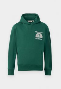 Grøn hættejakke lavet af en bomuldsblanding, med en frontkangaroo lomme og broderet logo med teksten "Ellesse 1959" og "Club di Corsa".