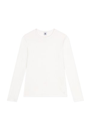 Witte lange mouwen t-shirt van zachte stof, met een ronde hals en een eenvoudig, ongecompliceerd ontwerp met een slim fit.