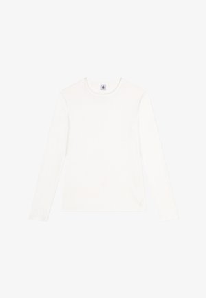 White long-sleeve t-shirt made of soft fabric, featuring a round neckline and a simple, unembellished design with a slim fit.
