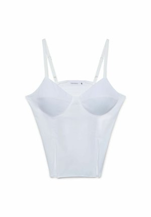 Biały dopasowany gorsetowy top z regulowanymi cienkimi ramiączkami i lekkim kształtem miseczki, rozmiar mały, jednolite tło.