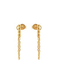 Boucles d'oreilles en or avec des accents torsadés et des détails en chaîne suspendue, dotées d'une finition brillante et d'un matériel circulaire pour le maintien.