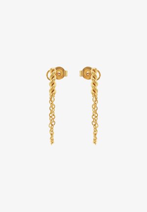 Orecchini d'oro con accenti attorcigliati e dettagli a catena pendenti, con una finitura lucida e hardware circolare per il fissaggio.