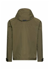 Kurtka z kapturem w oliwkowej zieleni z długimi rękawami i regulowanymi paskami na nadgarstkach, widziana od tyłu na białym tle.
